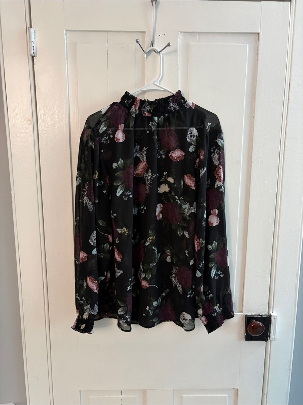 torrid Black Floral Smocked-Neck Long-Sleeve Blouse